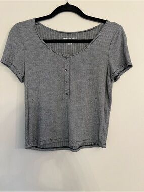 American Eagle Outfitters Black and White Striped Henley Tee